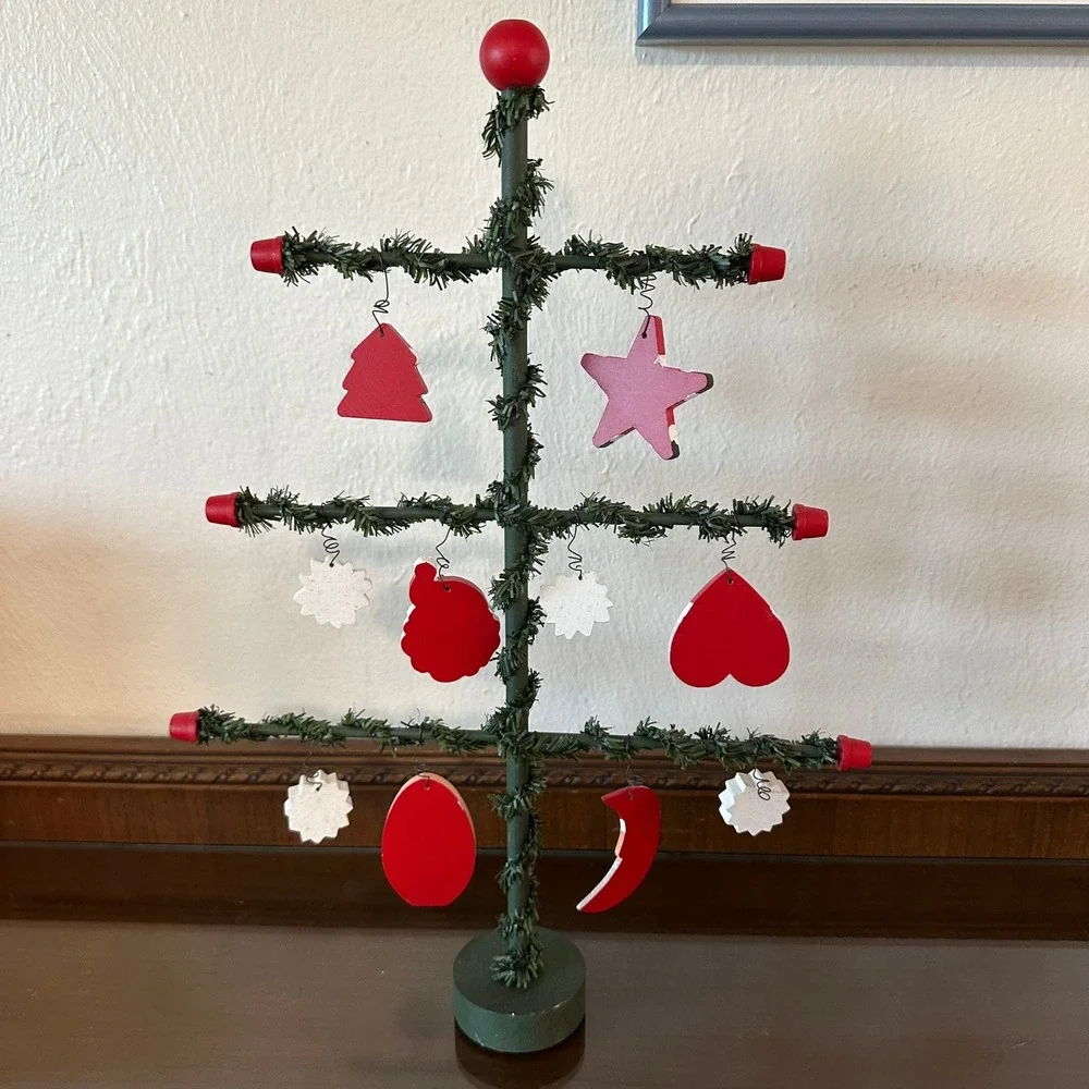Vintage Wooden Christmas Feather Tree Tabletop Display with Santa Ornaments 17''
